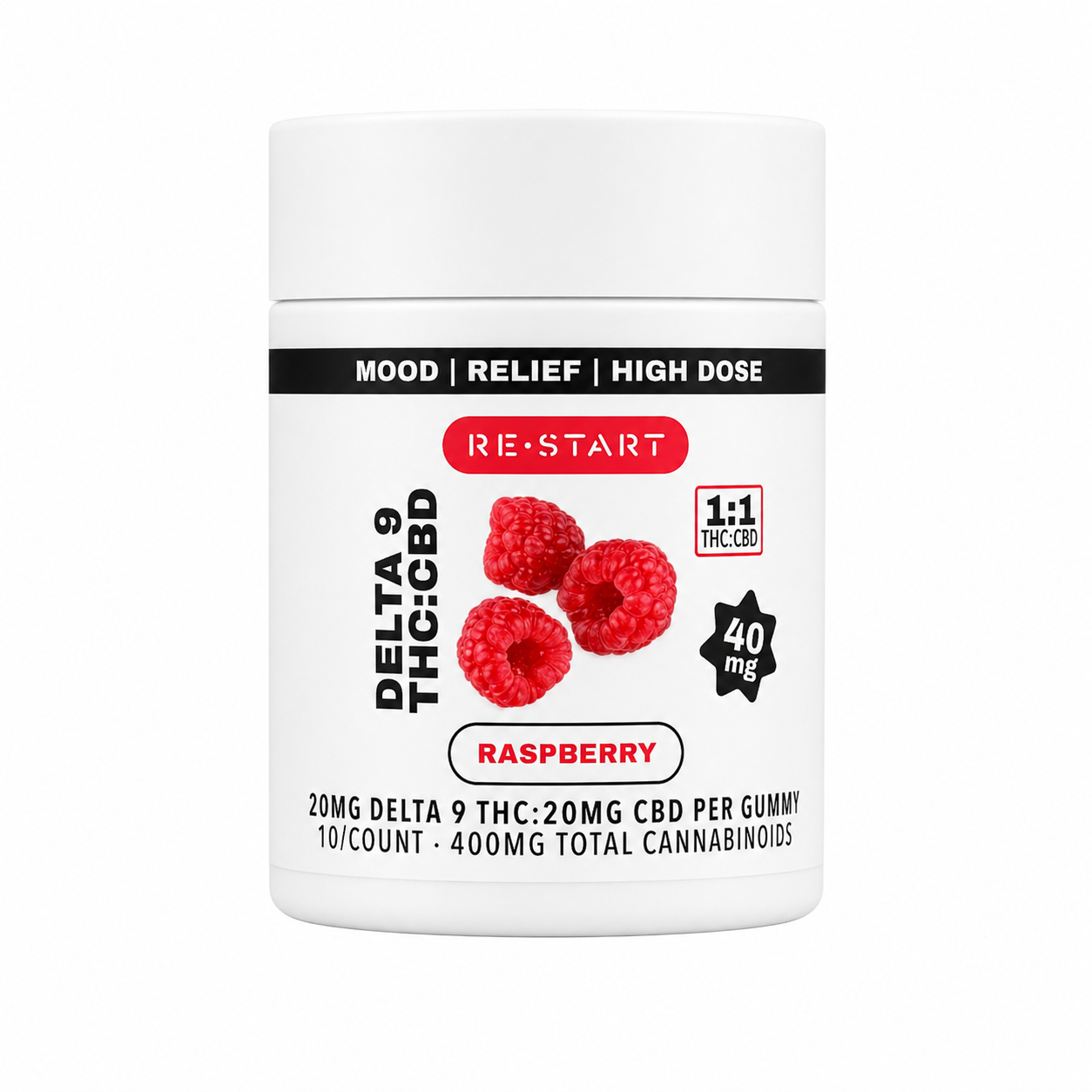 Delta 9 THC:CBD Gummies 40mg High Dose - Raspberry / 10-count
